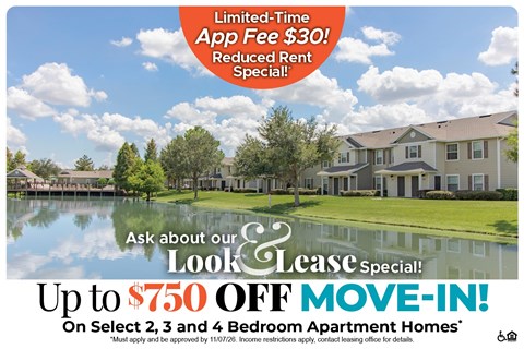 Up to $750 Off Move-In Costs on Select 2, 3 and 4 Bedroom Apartment Homes* Ask About our Look and Lease Special!