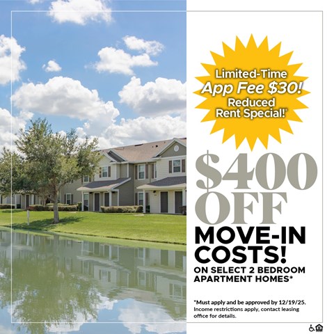 A promotional image for a $400 off move-in costs special on select 2 bedroom apartment homes.
