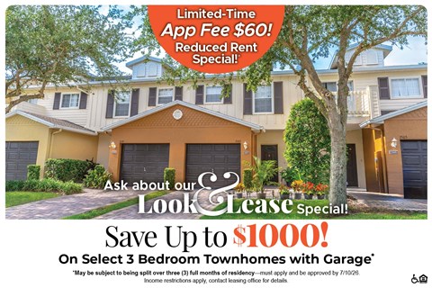 A real estate advertisement offering a limited-time app fee reduction and a lease special.