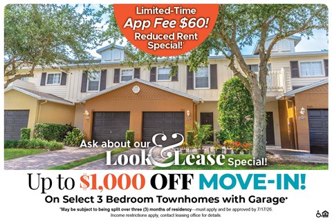 A real estate advertisement offering a $60 app fee reduction and up to $1,000 off move-in for select 3 bedroom townhomes with garage.