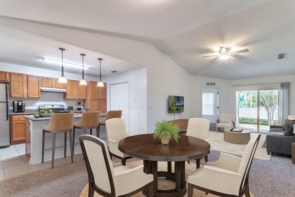 Kitchen, Dining, Living Room with a table, chairs, and living space