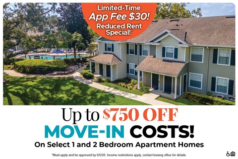 A promotional image for a limited-time app fee of $30 and up to $750 off move-in costs for select 1 and 2 bedroom apartment homes.