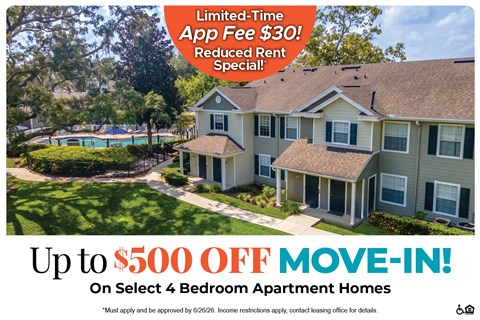 A promotional image for a limited-time app fee reduction and move-in special for select 4 bedroom apartment homes.