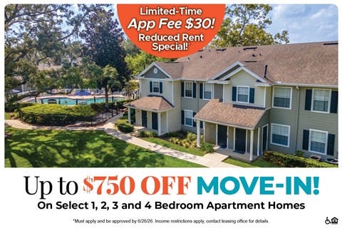 A promotional image for apartment homes with a limited-time app fee and a move-in special.