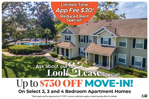 A promotional image for a lease special offering up to $750 off on select apartment homes.