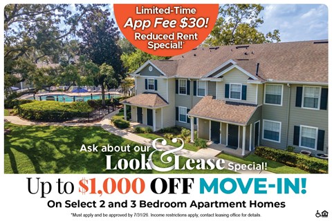 A promotional image for a lease special offering up to $1,000 off on select 2 and 3 bedroom apartment homes.