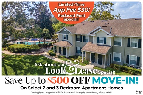 A promotional image for a leasing special offering up to $500 off on select 2 and 3 bedroom apartment homes.