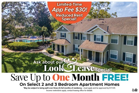 A promotional image for a lease special offering a free one month lease on select 2 and 3 bedroom apartment homes.