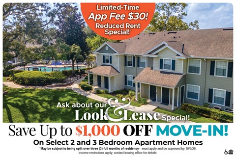 A promotional image for a lease special offering up to $1,000 off on select 2 and 3 bedroom apartment homes.