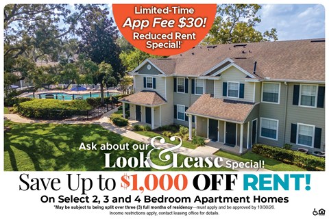Save Up to $1,000 Off Rent on Select 2, 3 and 4 Bedroom Apartment Homes* Ask About our Look and Lease Special!