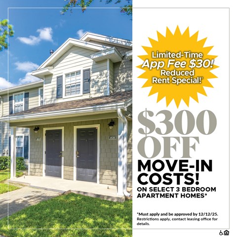 A house with a sign offering a $300 off move-in costs for select 3 bedroom apartment homes.