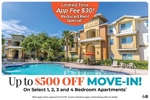 A promotional image for a limited-time app fee reduction and move-in special for select bedroom apartments.