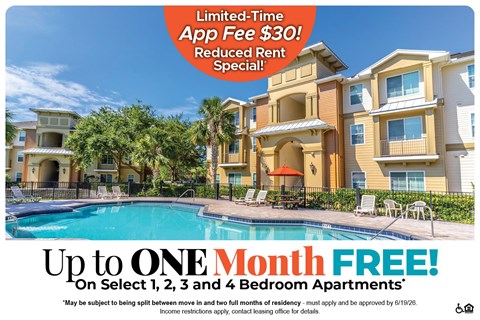 Apartment complex with a pool and a sign offering a free month.