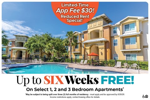 A promotional image for a limited-time app fee reduction and rent special for up to six weeks free on select 1, 2, and 3 bedroom apartments.