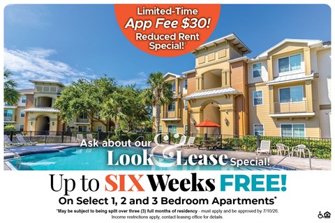 A promotional image for a lease special offering up to six weeks free on select 1, 2, and 3 bedroom apartments.