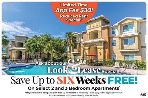 A promotional image for a lease special offering up to six weeks free on select 2 and 3 bedroom apartments.