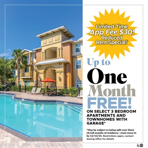 A large, luxurious house with a pool and a sign offering a free month's rent for select apartments.