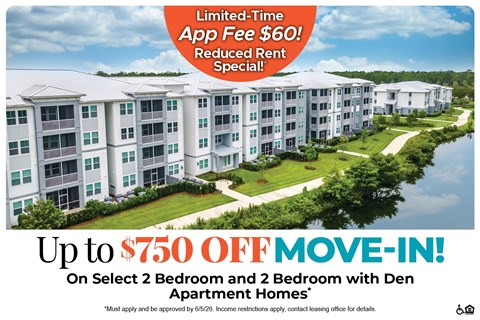 Apartment complex advertisement offering a limited-time app fee reduction and a move-in special.