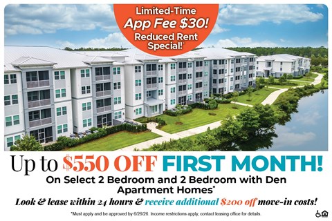 A promotional image for a limited-time app fee reduction and discounted rent for a Den Apartment Homes.