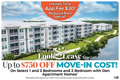 A promotional image for Look Lease Special offering up to $750 off move-in cost for select apartment homes.