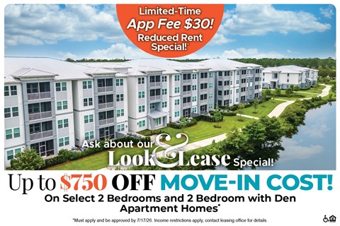 A promotional image for Look Lease Special offering a limited-time app fee reduction and a significant discount on move-in costs for select apartment homes.