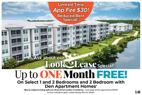 A promotional image for a lease special offering up to one month free on select apartment homes.
