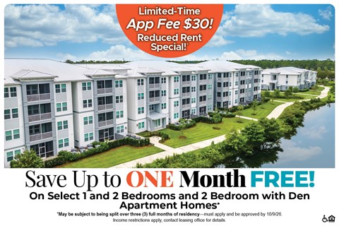 Apartment complex advertisement offering a limited-time app fee discount and free one month rent for select apartments.