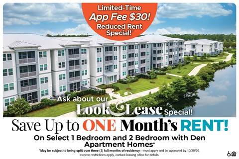 Save Up to One Month's Rent on Select 1 Bedroom and 2 Bedroom with Den Apartment Homes* Ask About our Look and Lease Special!
