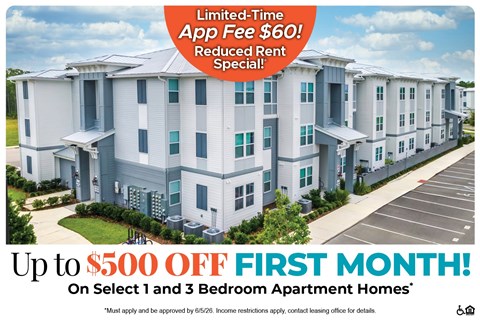 A promotional image for apartment homes offering a $500 discount on the first month's rent.