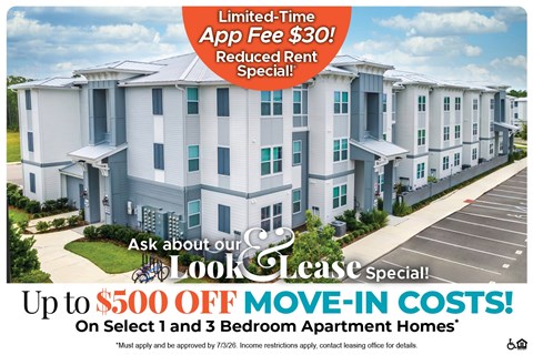 A promotional image for a lease special offering up to $500 off move-in costs for select 1 and 3 bedroom apartment homes.