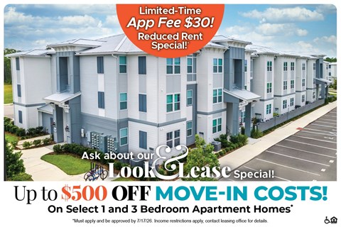 A promotional image for a lease special offering up to $500 off move-in costs for select 1 and 3 bedroom apartment homes.