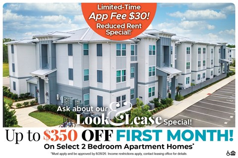 A promotional image for a lease special offering up to $350 off the first month on select 2 bedroom apartment homes.