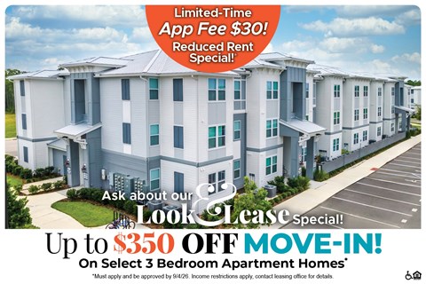 A promotional image for a limited-time app fee reduction and a move-in special for apartment homes.