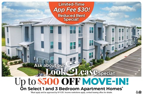 A promotional image for a lease special offering up to $500 off on select 1 and 3 bedroom apartment homes.