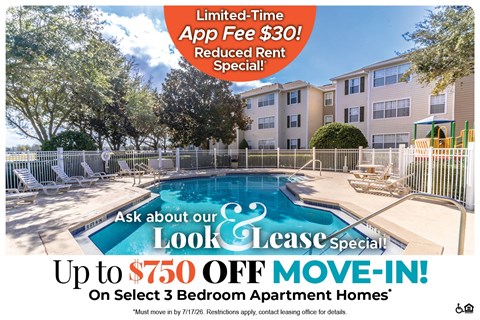 A promotional image for a lease special offering up to $750 off on select 3 bedroom apartment homes.
