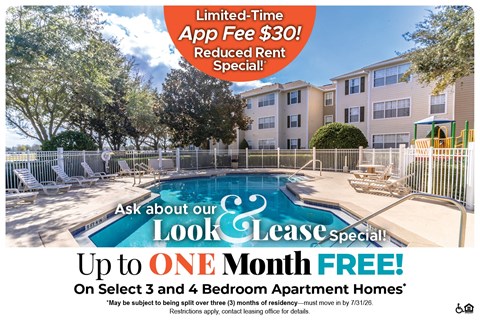 A promotional image for a lease special offering up to one month free on select 3 and 4 bedroom apartment homes.