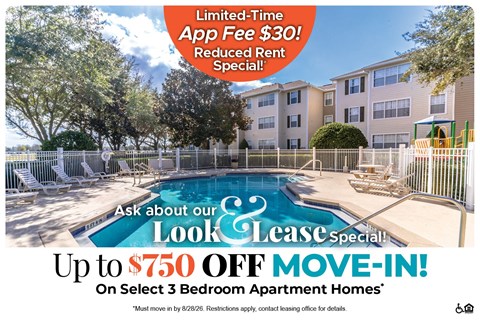 A leasing special offering up to $750 off move-in for select 3 bedroom apartment homes.