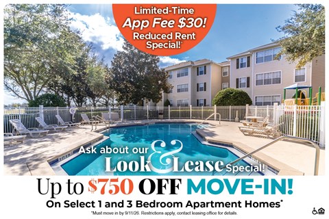 A promotional image for a lease special offering up to $750 off on select 1 and 3 bedroom apartment homes.
