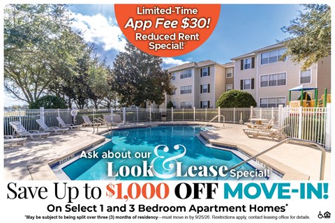 A promotional image for a limited-time app fee of $30 and a reduced rent special at a leasing office.