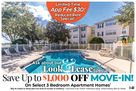 A promotional image for a lease special offering up to $1,000 off on select 3 bedroom apartment homes.