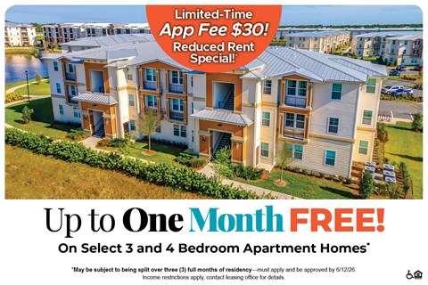 An advertisement for apartment homes offering a free month and a discounted app fee.