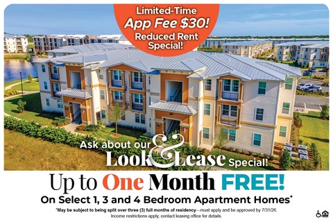 A promotional image for a lease special offering up to one month free on select apartment homes.