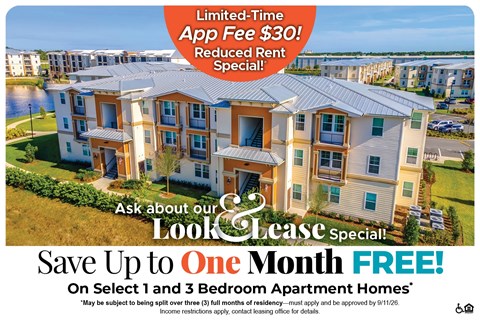 A promotional image for a lease special offering a free month's rent on select 1 and 3 bedroom apartment homes.
