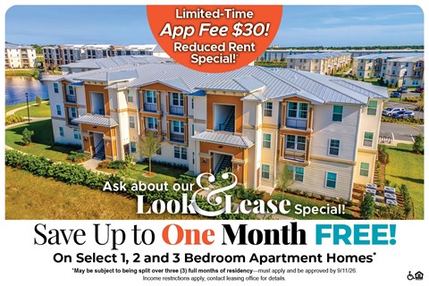 A promotional image for a lease special offering a free month on select 1, 2, and 3 bedroom apartment homes.