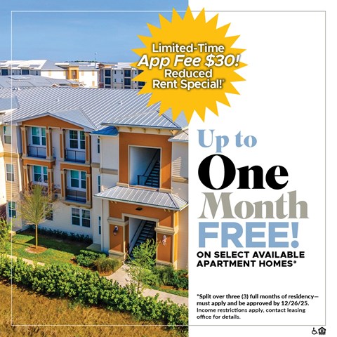 An advertisement for a limited-time app fee reduction and rent special for up to one month free on select apartment homes.