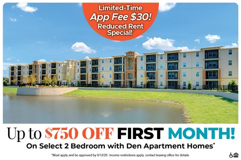 A promotional image for apartment homes offering a $30 app fee and $750 off the first month's rent.