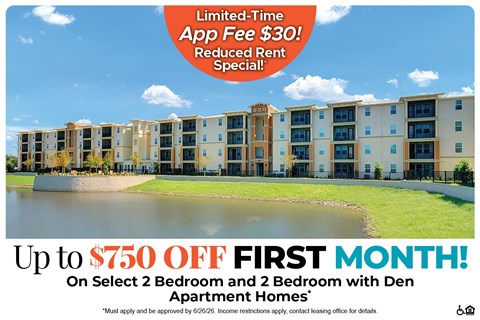A promotional image for apartment homes offering a $750 discount on the first month's rent.