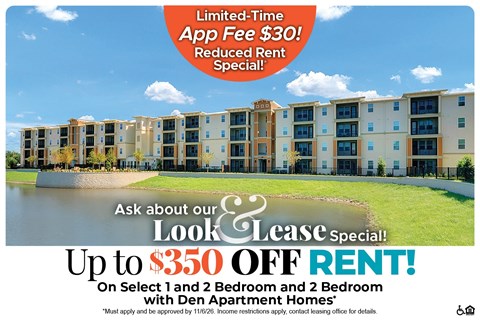 Up to $350 Off Rent on Select 1, 2 Bedroom and 2 Bedroom with Den Apartment Homes* Ask About our Look and Lease Special!