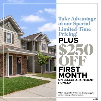 Take Advantage of our Special Limited-Time Pricing! Plus, $250 OFF First Month on Select Apartment Homes!