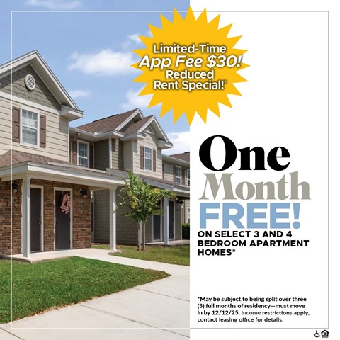 A house advertisement offering a one month free stay on select 3 and 4 bedroom apartment homes.